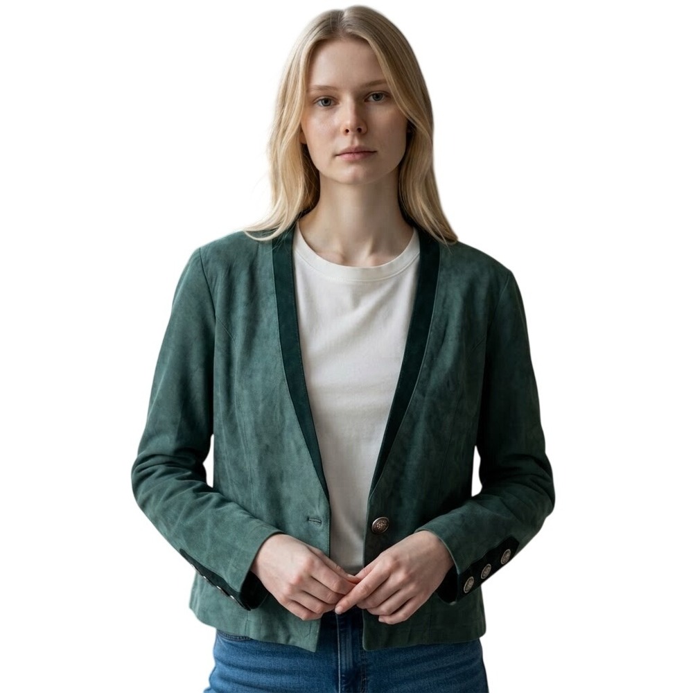 Apart Vintage Green Suede Leather Cropped Blazer Jacket Silver Buttons Size 10